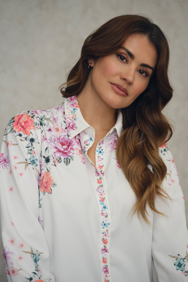 White | Floral Border Print Long Sleeve Shirt
