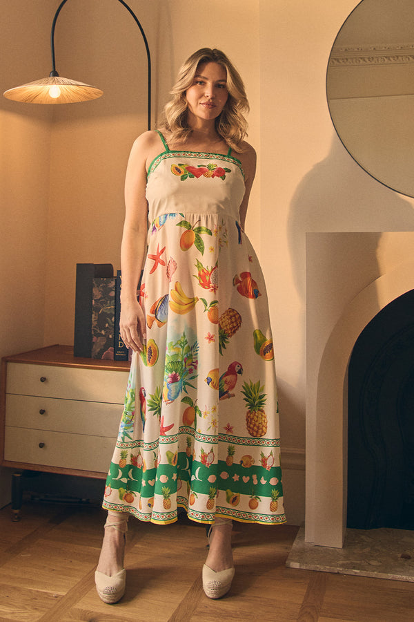 Green | Border Print Cami Strap Midi Dress : Model is 5'8"/172 cm and wears UK14/EU42/US10/AUS14