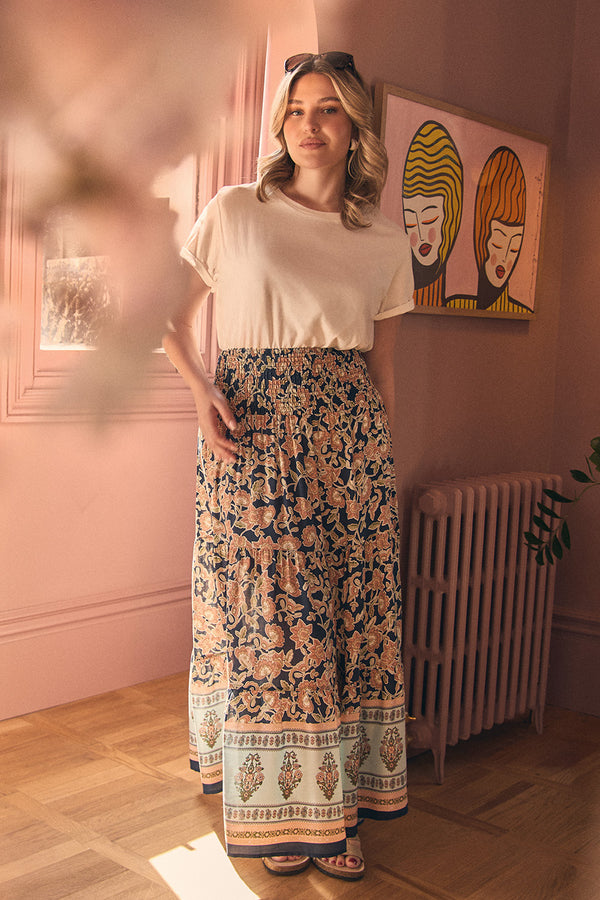 Navy | Floral Print High Waist Maxi Skirt : Model is 5'8"/172 cm and wears UK14/EU42/US10/AUS14
