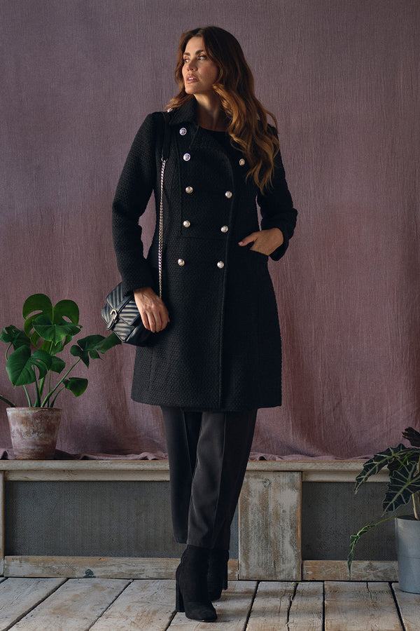 Black | Textured Knit Button Front Trench Coat
