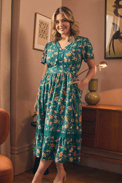 Teal | Floral Lace Trim Short Sleeve Midi Dress