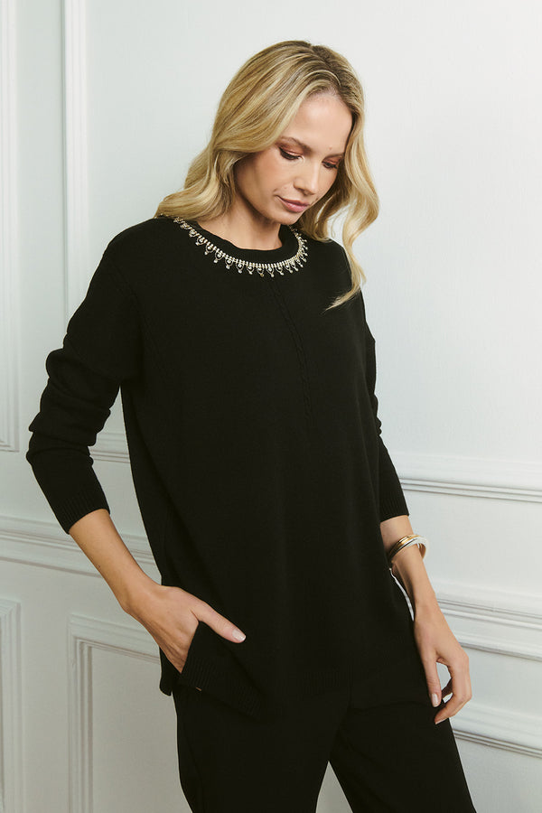 Black | Embellished Neck Relaxed Jumper : Model is 5'10"/178 cm and wears UK10/EU38/US6/AUS10