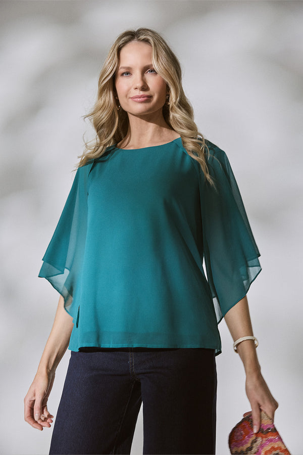 Teal | Semi Sheer Cut Out 3/4 Sleeve Blouse