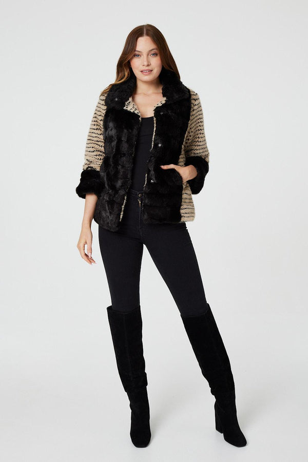 Black | Striped Faux Fur 3/4 Sleeve Jacket