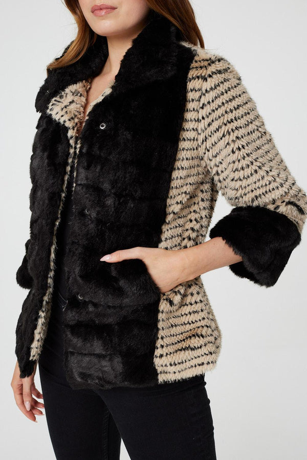 Black | Striped Faux Fur 3/4 Sleeve Jacket