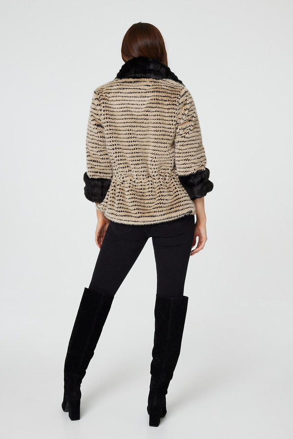Black | Striped Faux Fur 3/4 Sleeve Jacket
