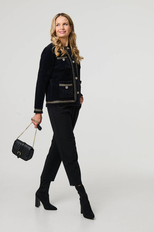 Black | Embroidered Trim Knitted Smart Jacket