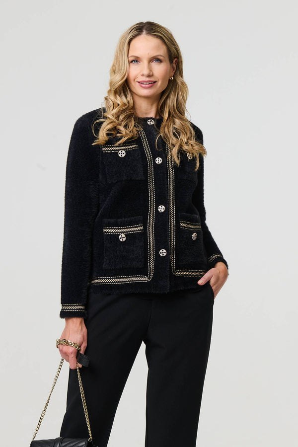 Black | Embroidered Trim Knitted Smart Jacket