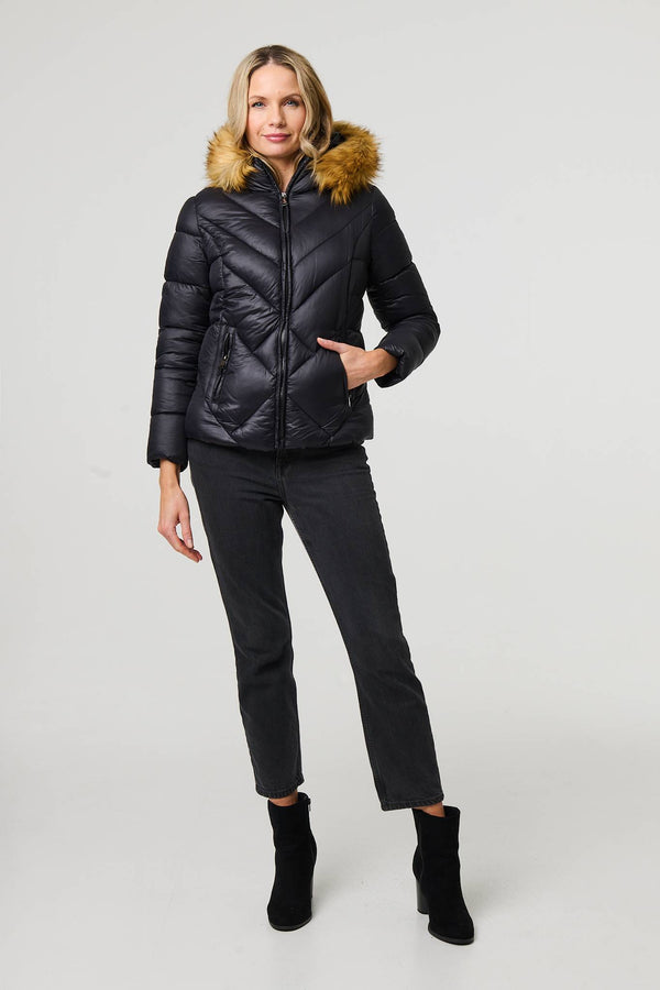 Black | Faux Fur Trim Hooded Puffer Jacket