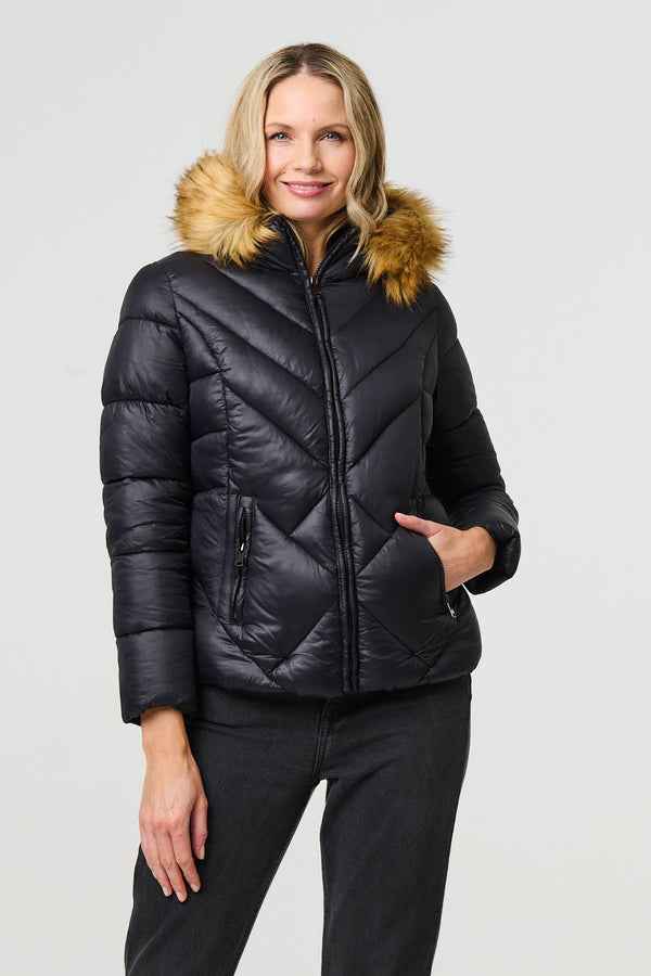 Black | Faux Fur Trim Hooded Puffer Jacket
