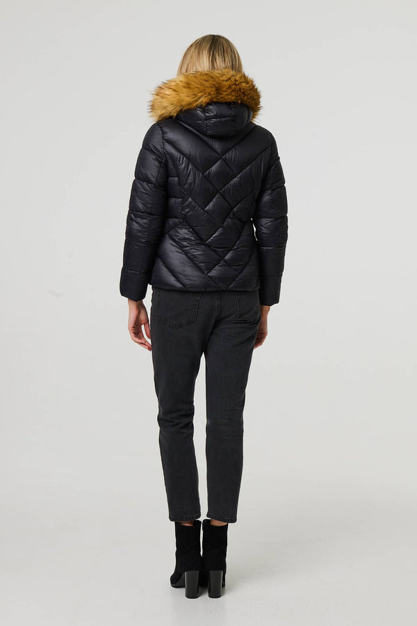 Black | Faux Fur Trim Hooded Puffer Jacket