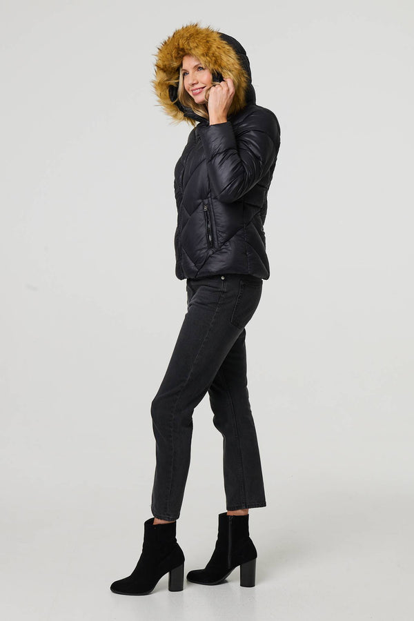 Black | Faux Fur Trim Hooded Puffer Jacket