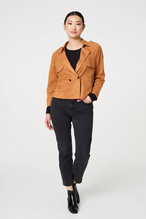 Brown | Suede Texture 3/4 Sleeve Cropped Trench Coat
