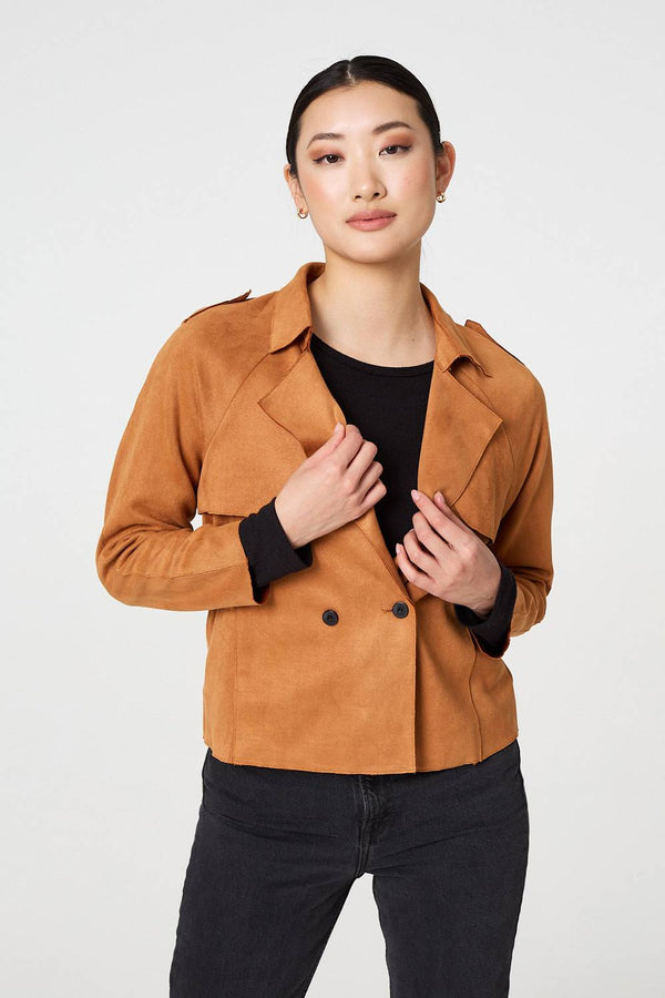 Brown | Suede Texture 3/4 Sleeve Cropped Trench Coat
