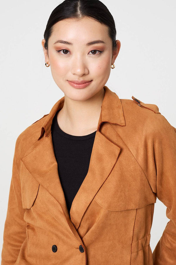 Brown | Suede Texture 3/4 Sleeve Cropped Trench Coat