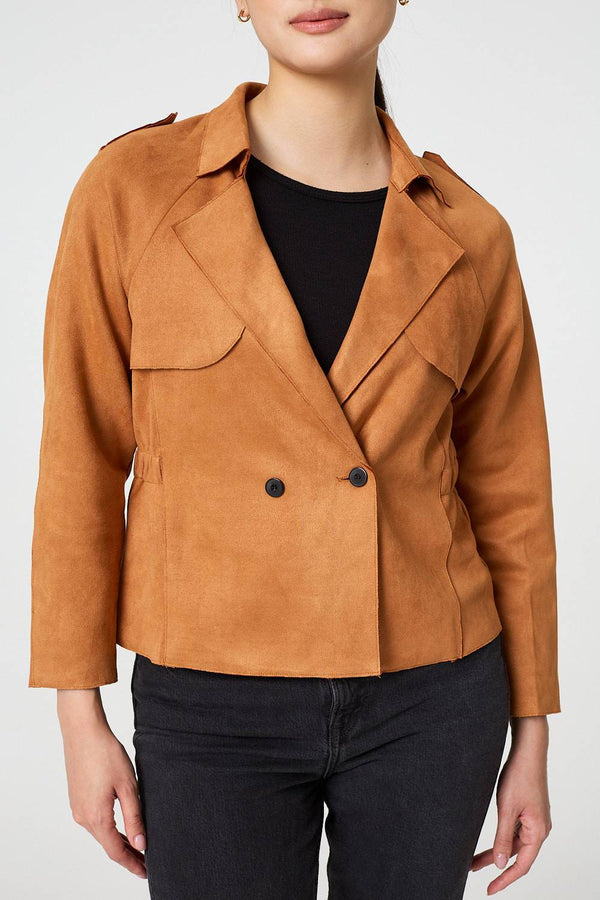 Brown | Suede Texture 3/4 Sleeve Cropped Trench Coat