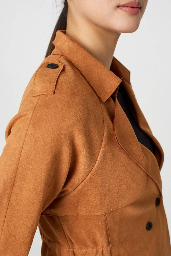 Brown | Suede Texture 3/4 Sleeve Cropped Trench Coat