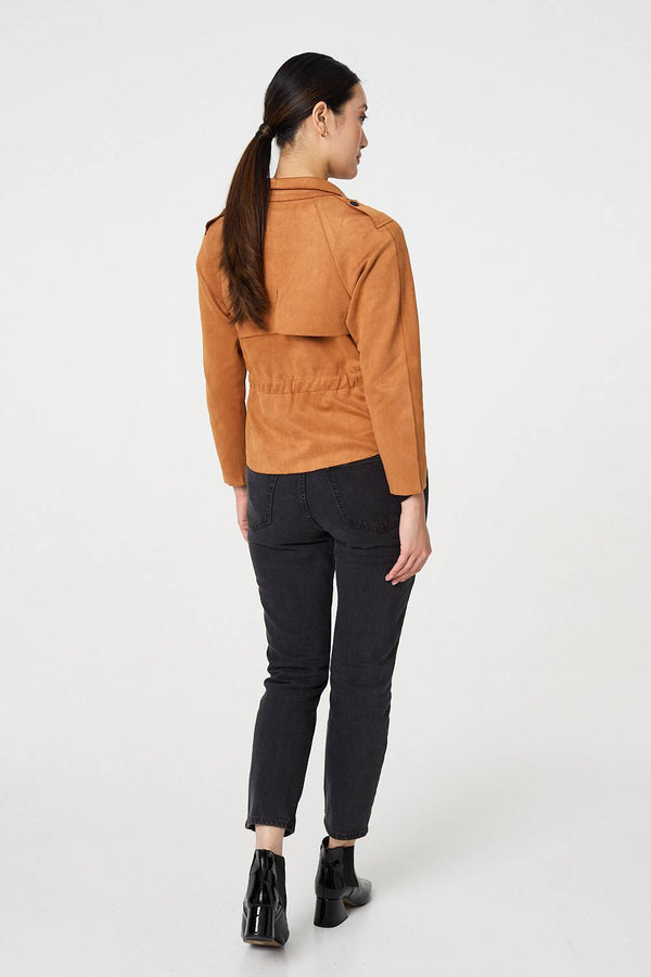 Brown | Suede Texture 3/4 Sleeve Cropped Trench Coat