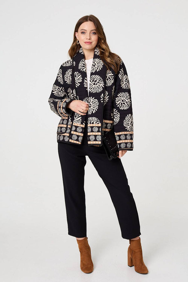 Black | Printed Padded Open Front Jacket