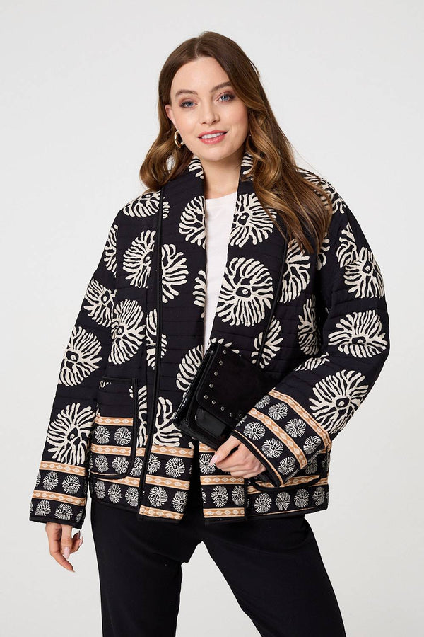 Black | Printed Padded Open Front Jacket