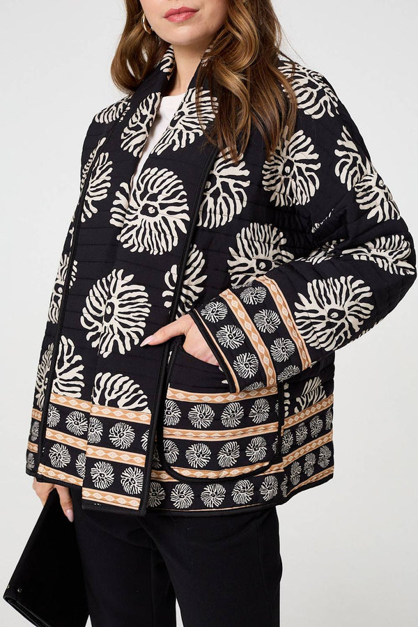 Black | Printed Padded Open Front Jacket