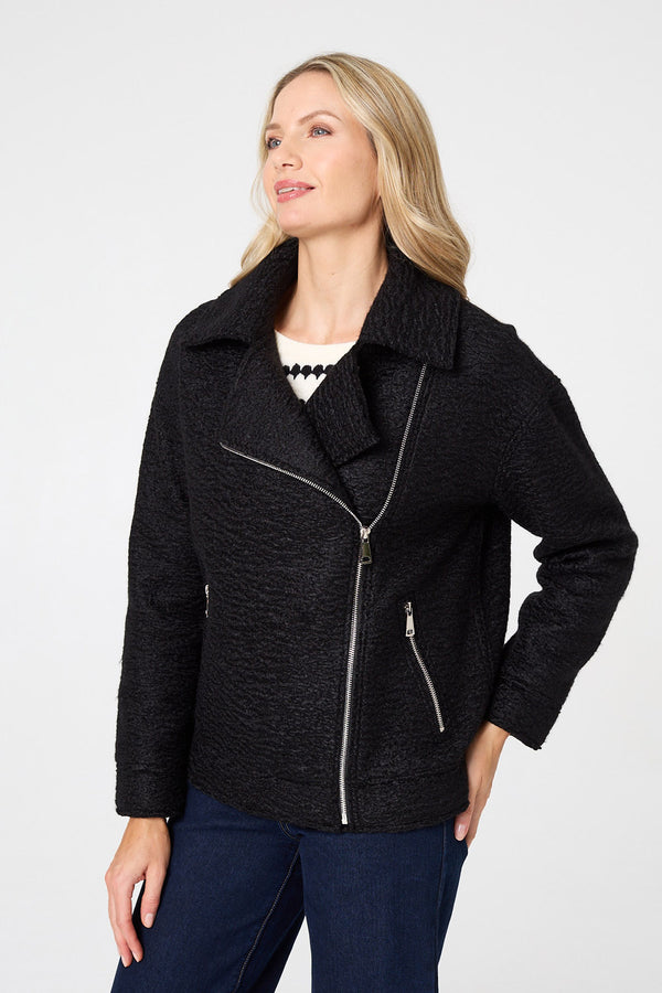 Black | Textured Asymmetric Biker Jacket