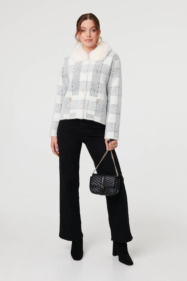 White | Checked Faux Fur Collar Boxy Jacket