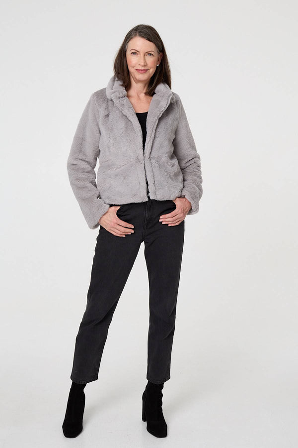 Silver | Faux Fur Long Sleeve Cropped Jacket