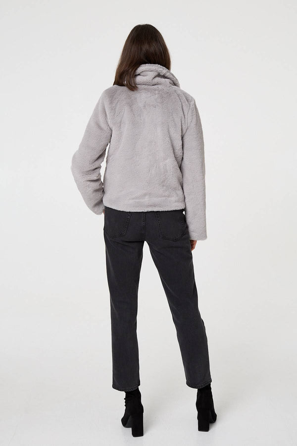 Silver | Faux Fur Long Sleeve Cropped Jacket