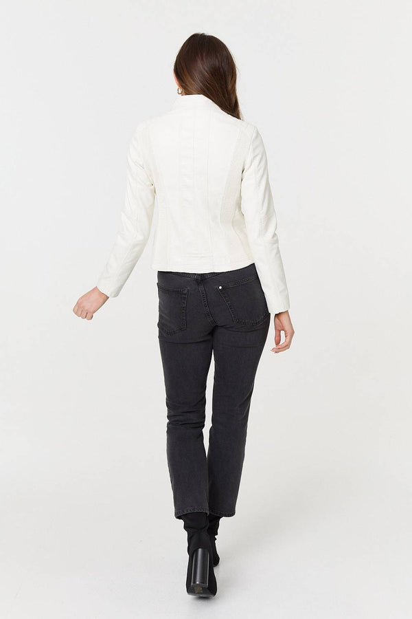 White | Zip Front Faux Leather Jacket