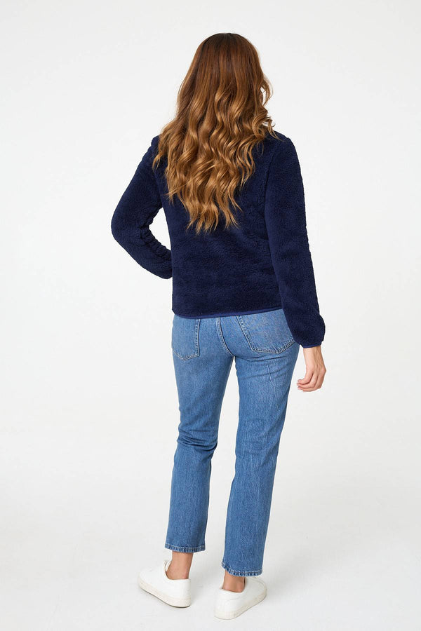 Navy | Soft Texture Zip Front High Neck Fleece