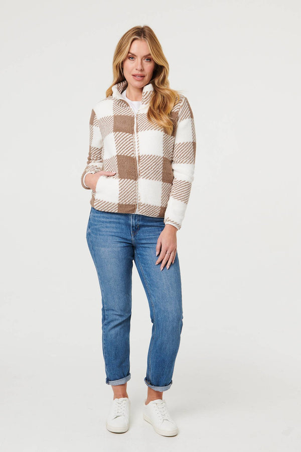 Brown | Checked High Neck Boxy Jacket