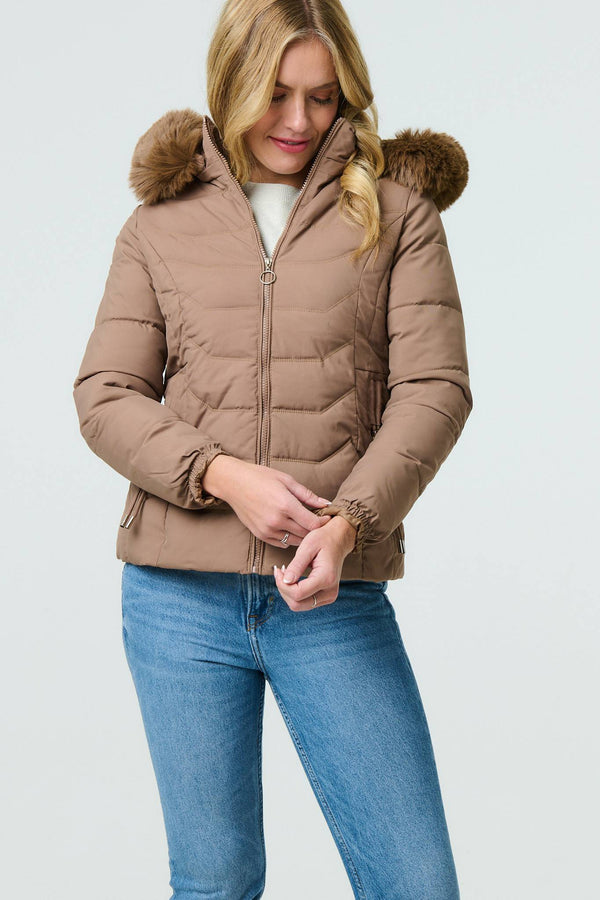Brown | Faux Fur Hooded Zip-Up Puffer Jacket : Model is 5'10"/178 cm and wears UK8/EU36/US4/AUS8