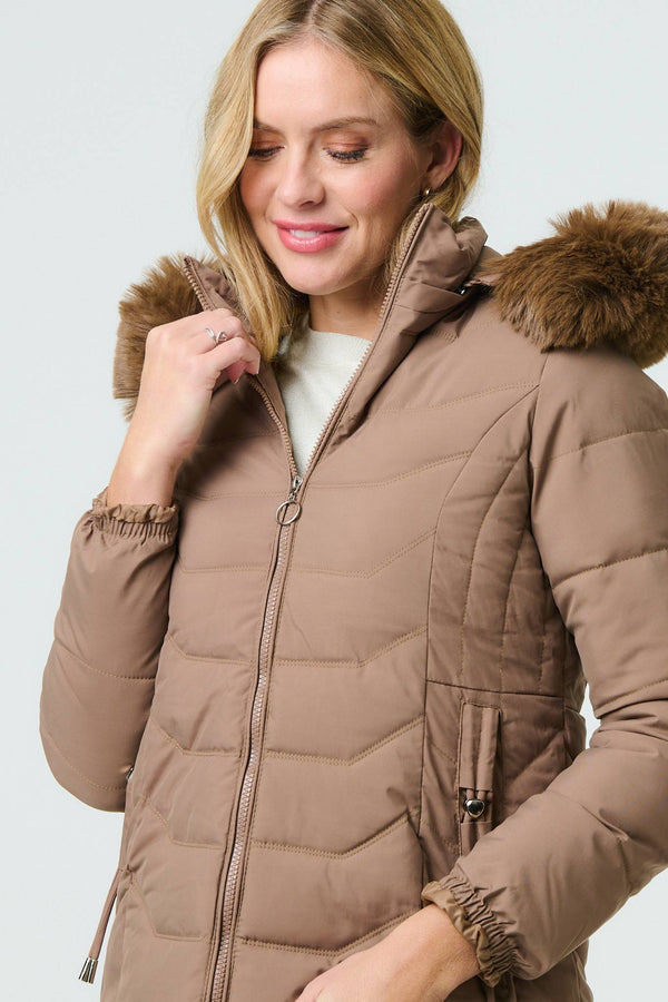 Brown | Faux Fur Hooded Zip-Up Puffer Jacket