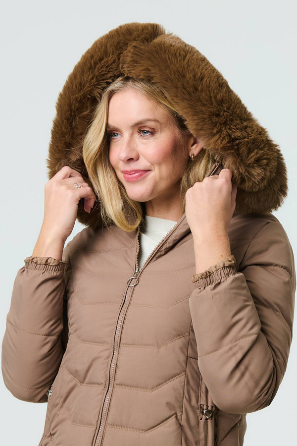 Brown | Faux Fur Hooded Zip-Up Puffer Jacket
