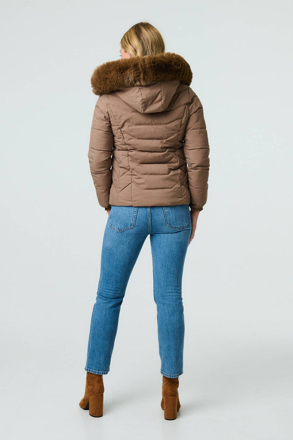 Brown | Faux Fur Hooded Zip-Up Puffer Jacket