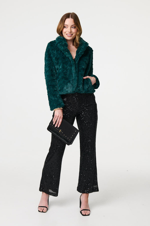 Green | Faux Fur Cropped Long Sleeve Jacket : Model is 5'9"/175 cm and wears UK8/EU36/US4/AUS8