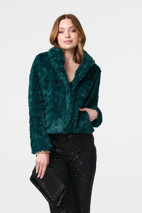 Green | Faux Fur Cropped Long Sleeve Jacket