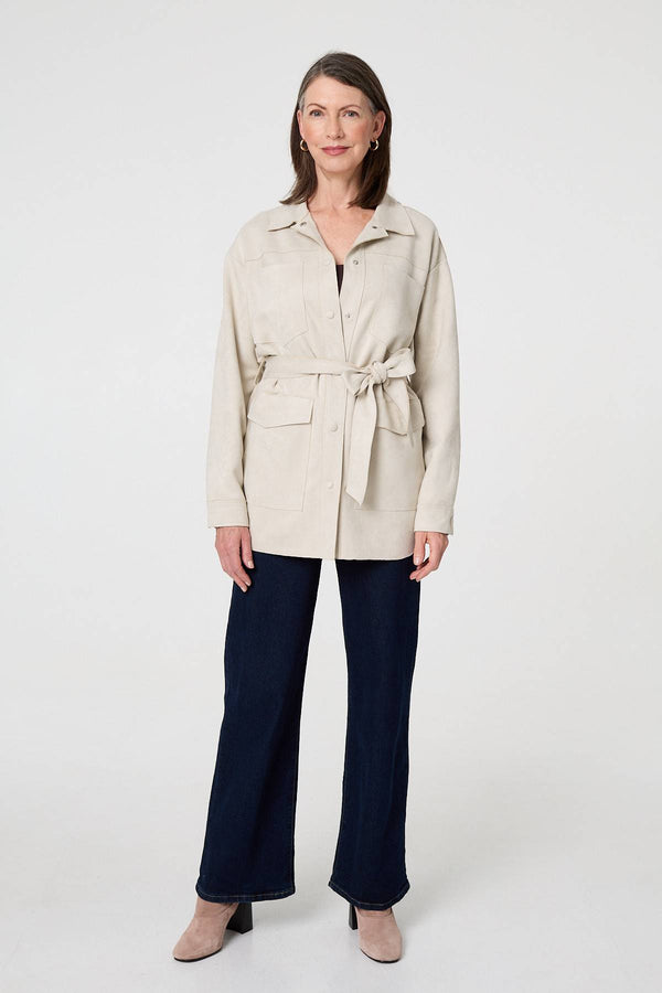 Beige | Faux Suede Tie Waist Relaxed Shacket