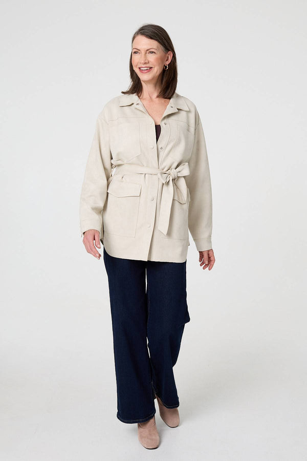 Beige | Faux Suede Tie Waist Relaxed Shacket