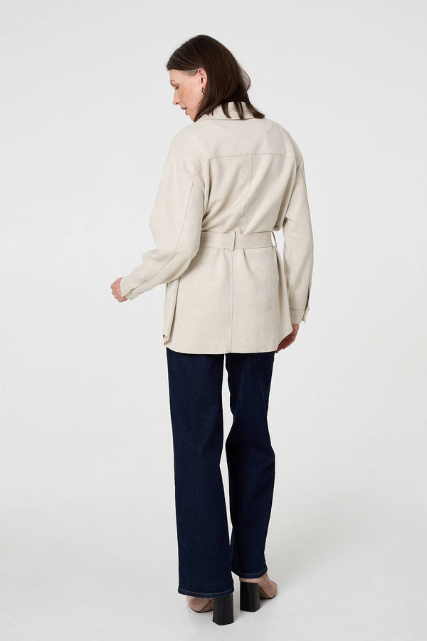 Beige | Faux Suede Tie Waist Relaxed Shacket