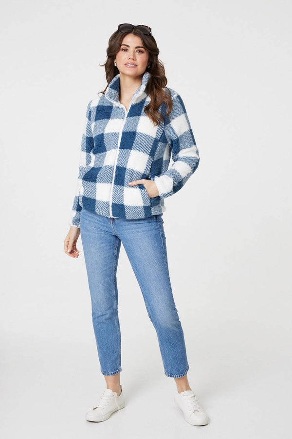 Indigo | Checked Print Teddy Fleece Zip-Up Jacket