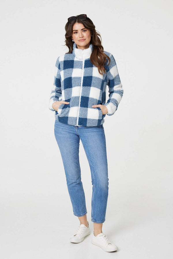 Indigo | Checked Print Teddy Fleece Zip-Up Jacket