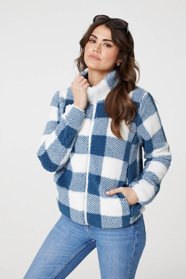 Indigo | Checked Print Teddy Fleece Zip-Up Jacket
