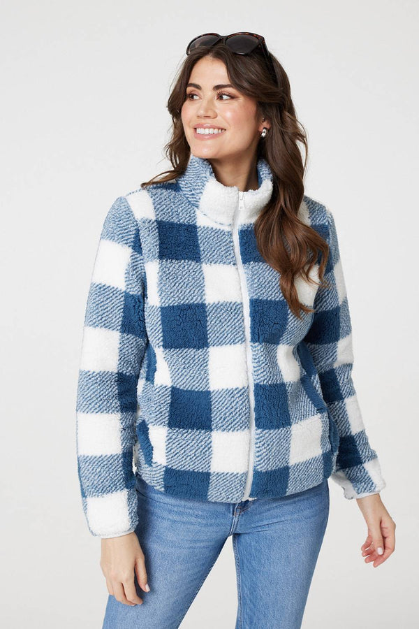 Indigo | Checked Print Teddy Fleece Zip-Up Jacket