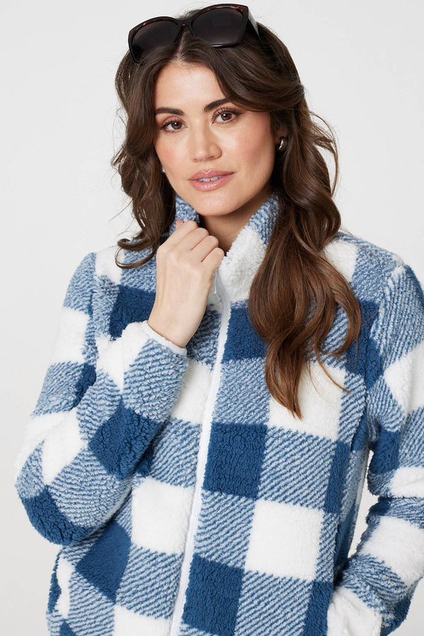 Indigo | Checked Print Teddy Fleece Zip-Up Jacket