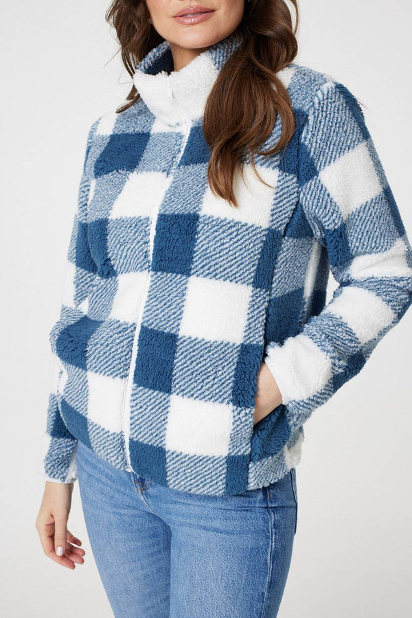 Indigo | Checked Print Teddy Fleece Zip-Up Jacket