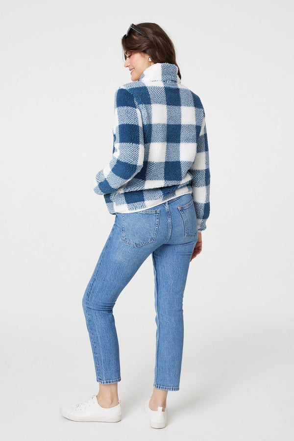 Indigo | Checked Print Teddy Fleece Zip-Up Jacket