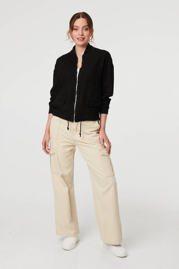 Black | Pocket Detail Zip Front Bomber Jacket