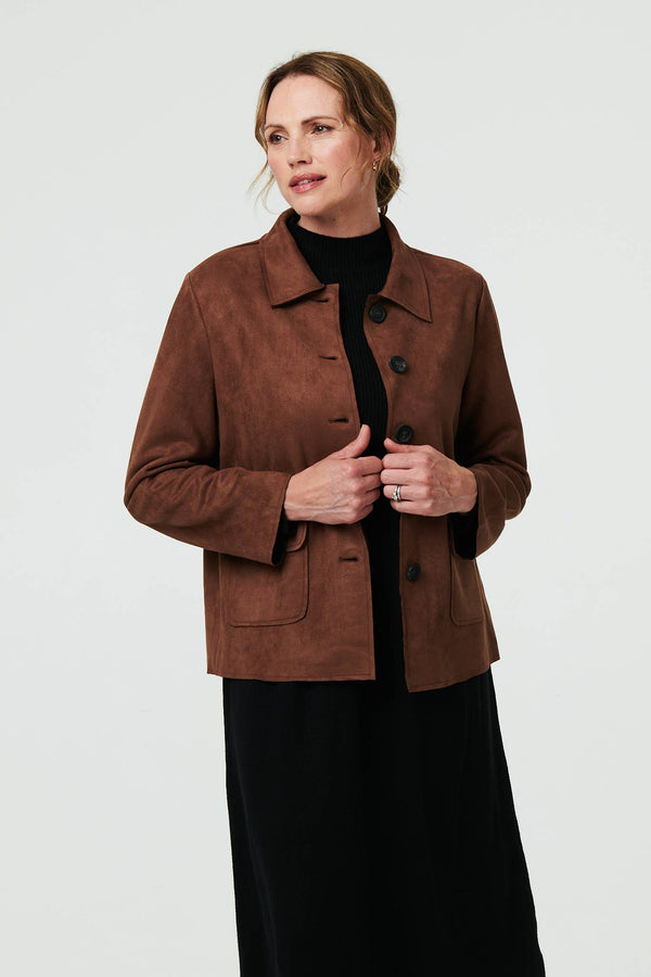 Brown | Faux Suede Button Front Shirt Jacket